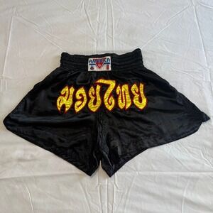 America Muay Thai Kickboxing Shorts Mens Black Satin Yellow Red Embroidery